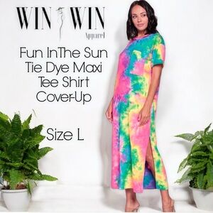 Win Win Fun In The Sun Tie Dye Maxi T-Shirt Dress (Vibrant Color) w/Patch Pocket